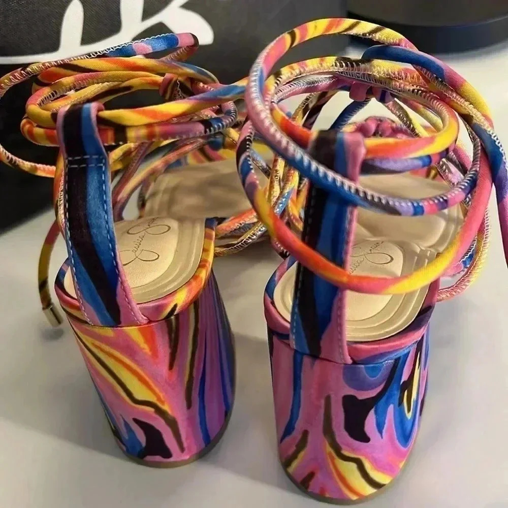 Jessica Simpson Printed Strappy Ankle Wrap Sandals New - Picture 4 of 5